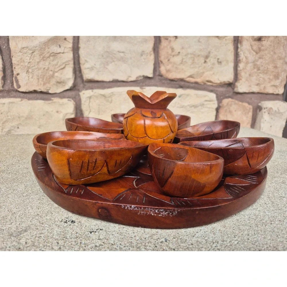 Vintage Hand Carved Wood Snack Serving‎ Set Tray Bowls Mid Century Boho